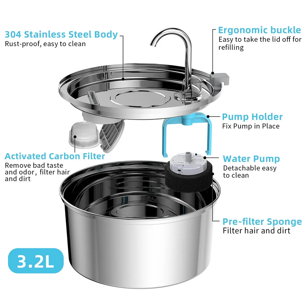 FurFree™ Stainless Steel Pet Water Fountain